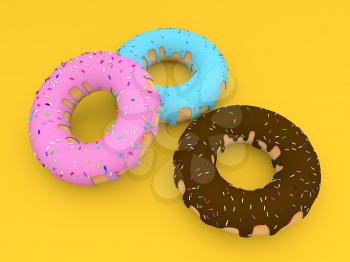 Three colored donuts on a yellow background. 3d render illustration.