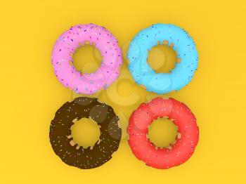 Delicious colorful donuts on a yellow background. 3d render illustration.