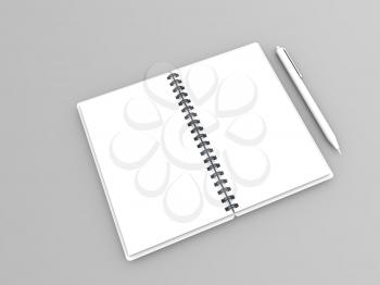 Blank white notebook and pen on gray background. 3d render illustration.