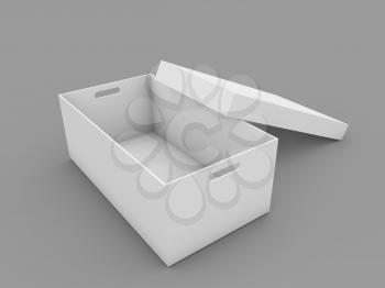 Open blank box mockup on white background. 3d render illustration.