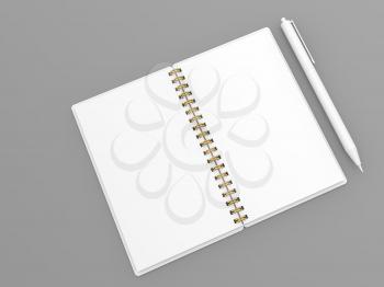 Blank notebook and pen mockup on gray background. 3d render illustration.