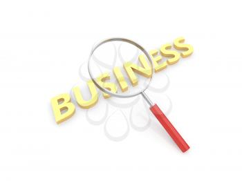 Inscription Business and magnifying glass on a white background. 3d render illustration.