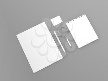 Stationery business mock up on gray background. 3d render illustration.