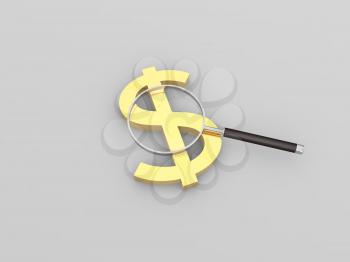 Dollar sign and magnifying glass on a white background. 3d render illustration.