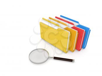 Search for information, folders and magnifying glass on a white background. 3d render illustration.