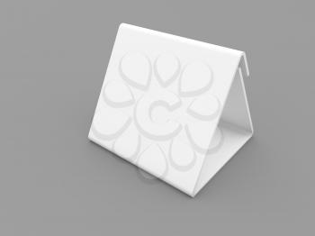 White plastic advertising stand on a gray background. 3d render illustration.