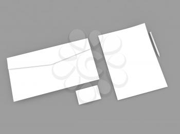 White paper sheet envelope business card and pen on a gray background. 3d render illustration.