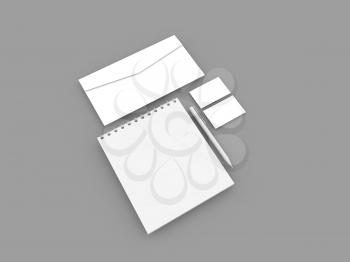 Notepad envelope business card and pen on a gray background. 3d render illustration.