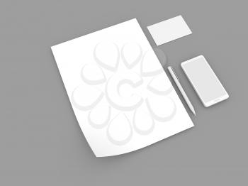 White paper sheet, mobile phone business card and pen on a gray background. 3d render illustration.