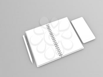 Mobile phone notebook and pen mockup on gray background. 3d render illustration.