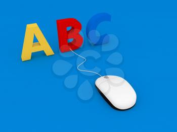 Letters A B C and computer mouse on a blue background. 3d render illustration.