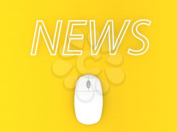 Computer mouse and news on a yellow background. 3d render illustration.
