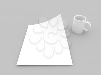 Mug and realistic sheet of paper mock up on gray background. 3d render illustration.