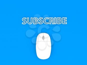 Subscribe and computer mouse on a blue background. 3d render illustration.