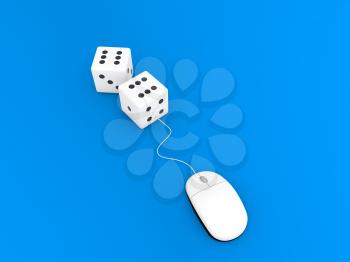 Playing cubes and computer mouse on a blue background. 3d render illustration.