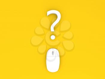 Question mark and computer mouse on a yellow background. 3d render illustration.