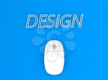 Computer mouse and the word DESIGN on a blue background background. 3d render illustration.