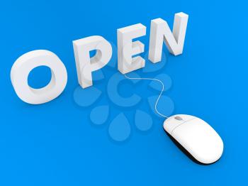 Computer mouse and open on a blue background. 3d render illustration.
