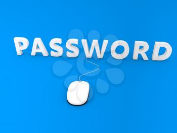 Password and computer mouse on a blue background. 3d render illustration.