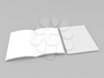 Open and closed empty notebooks on a gray background. 3d render illustration.
