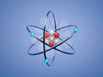 Atom structure on a blue background. 3d render illustration.