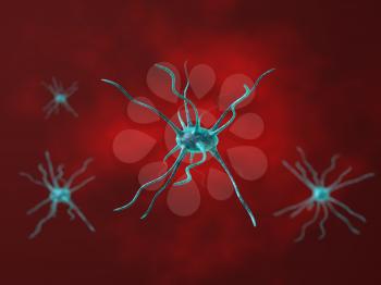 Blue bacteria virus cells on a red background. 3d render illustration.