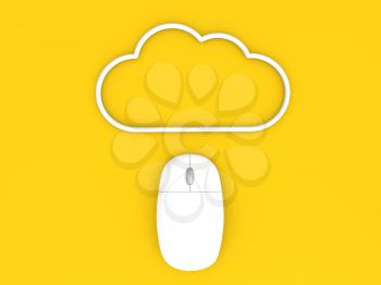 Computer mouse and cloud on a yellow background. 3d render illustration.