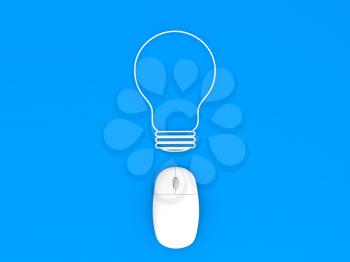Computer mouse and electric lamp on a blue background. 3d render illustration.