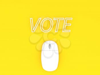 Computer mouse and the word VOTE yellow background backdrop. 3d render illustration.