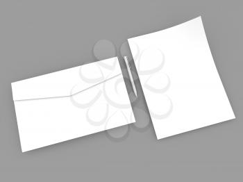 Envelope pen and sheet of paper mock up on gray background. 3d render illustration.
