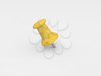 Yellow pushpin close up on a gray background. 3d render illustration.