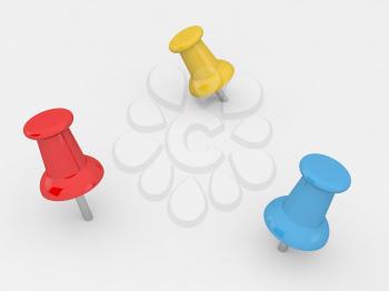 Colored push pins on a white background. 3d render illustration.