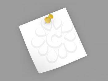 Empty note paper with push pin on gray background. 3d render illustration.