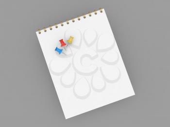 Notepad for notes with push pins on a gray background. 3d render illustration.
