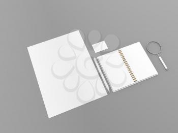 Notepad magnifying glass business card template on a gray background. 3d render illustration.