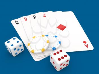 Playing cards casino chips and dice on a blue background. 3d render illustration.