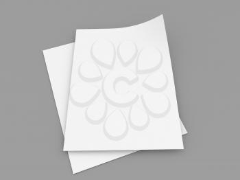 Paper sheets template on gray background. 3d render illustration.