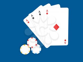 Playing cards and casino chips on a blue background. 3d render illustration.