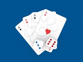 Playing cards and dice casino on a blue background. 3d render illustration.