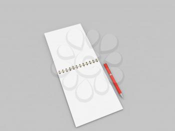 Paper notebook and pen on a gray background. 3d render illustration.
