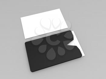 Stack of business cards on a gray background. 3d render illustration.