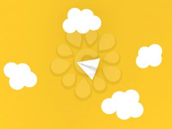 Paper airplane and clouds on a yellow background. 3d render illustration.
