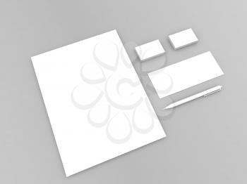 A4 sheet and business cards against gray background. 3d render illustration.
