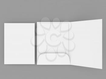 Paper sheets and folder mockup on gray background. 3d render illustration.