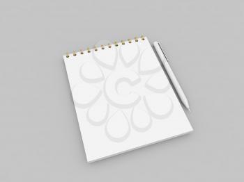 Blank notebook and pen on a gray background. 3d render illustration.