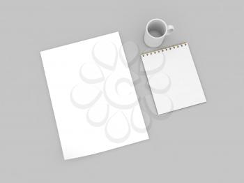 A4 sheet of paper notebook and mug on a gray background. 3d render illustration.