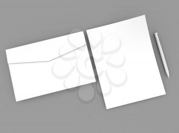 Sheet of paper, envelope and pen on a gray background. 3d render illustration.
