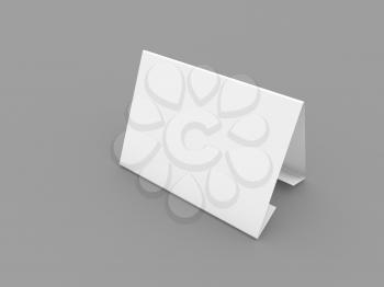 Empty paper desktop card for advertising on a gray background. 3d render illustration.