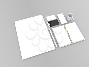 A4 paper sheet, notebook, business cards, pen, smartphone and a mug on a gray background. 3d render illustration.
