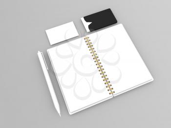Notepad, business cards and pen on a gray background. 3d render illustration.